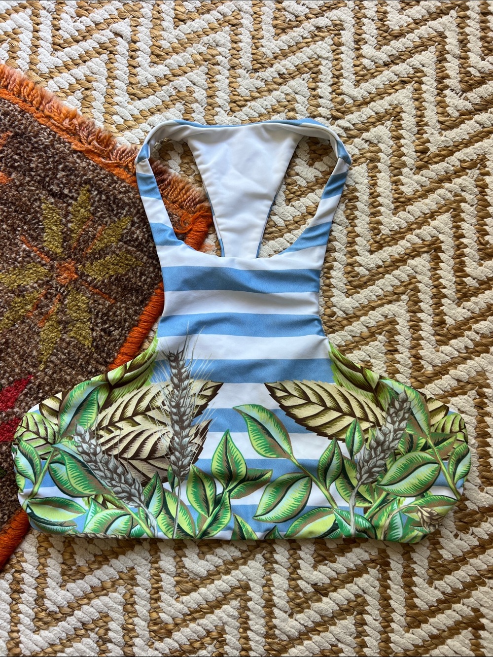 Mara Hoffman Blue and Green Striped Tropical Print Bikini Top
